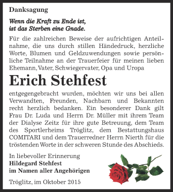 Traueranzeige von Erich Stehfest von Super Sonntag Zeitz