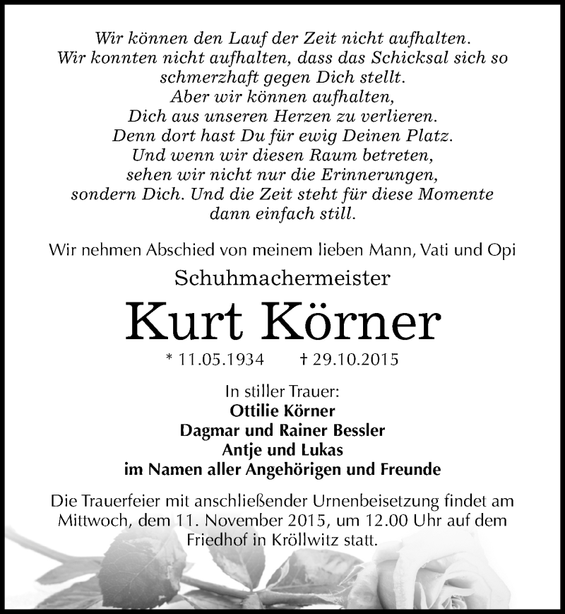  Traueranzeige für Kurt Körner vom 04.11.2015 aus Mitteldeutsche Zeitung Halle/Saalkreis