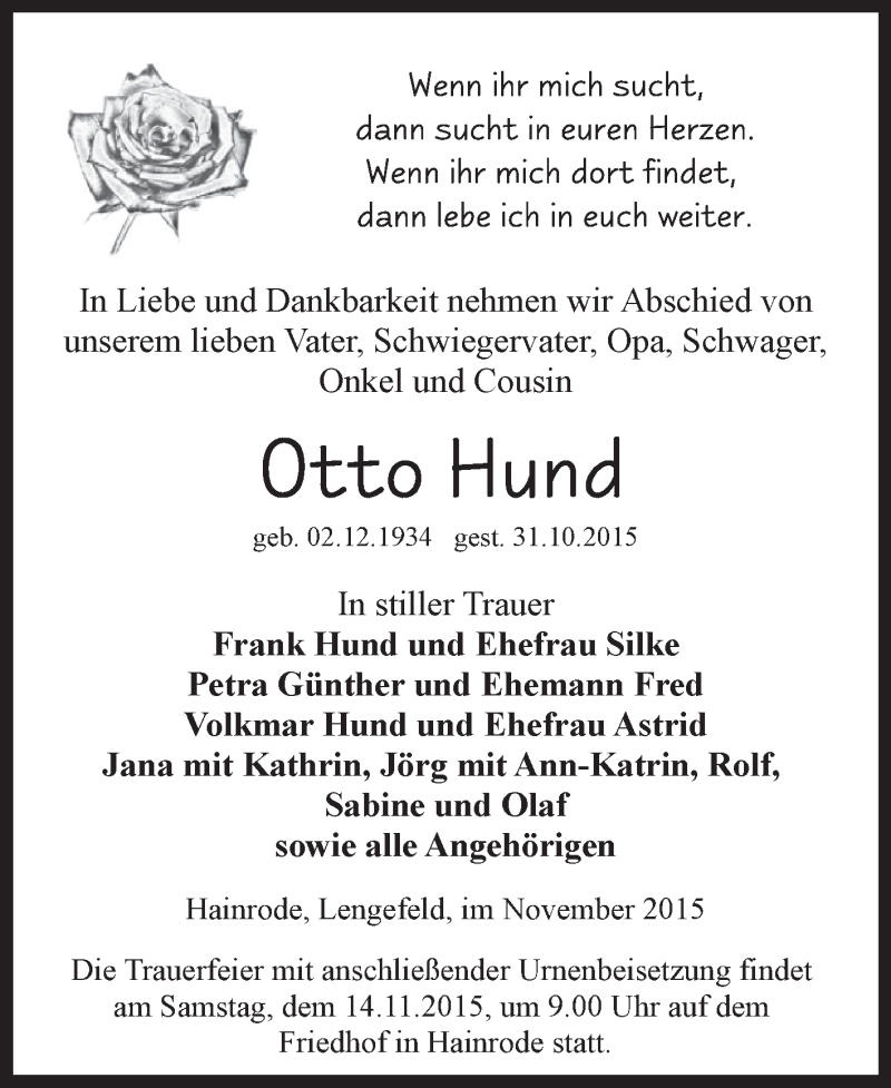  Traueranzeige für Otto Hund vom 07.11.2015 aus Super Sonntag SGH Mansf. Land