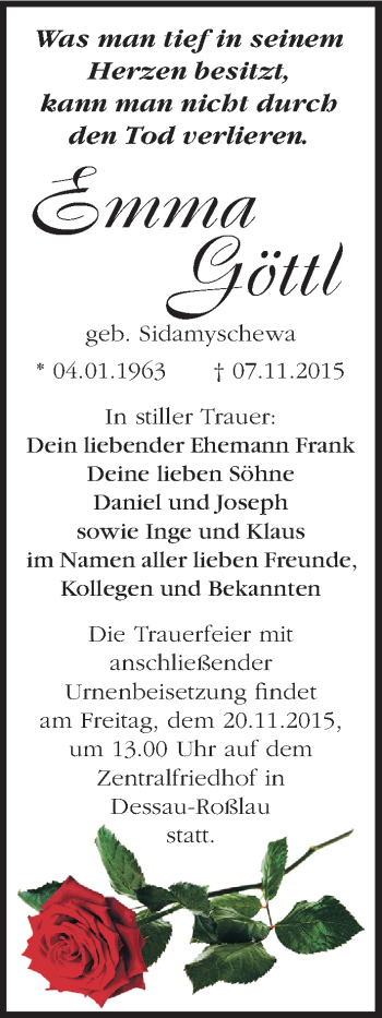 Traueranzeige von Emma Göttl von Mitteldeutsche Zeitung Dessau-Roßlau