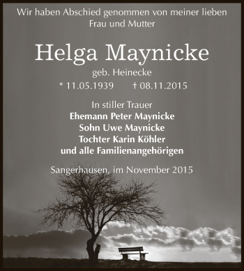 Traueranzeige von Helga Maynicke von Super Sonntag SGH Mansf. Land