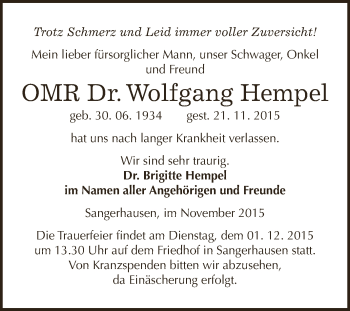 Traueranzeige von Wolfgang Hempel von Super Sonntag SGH Mansf. Land