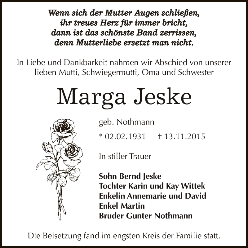  Traueranzeige für Marga Jeske vom 21.11.2015 aus WVG - Wochenspiegel Dessau / Köthen