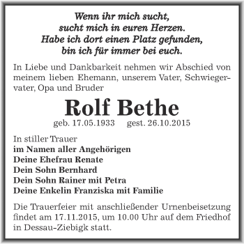 Traueranzeige von Rolf Bethe von WVG - Wochenspiegel Dessau / Köthen