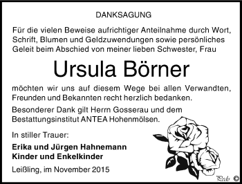 Traueranzeige von Ursula Börner von Mitteldeutsche Zeitung Weißenfels