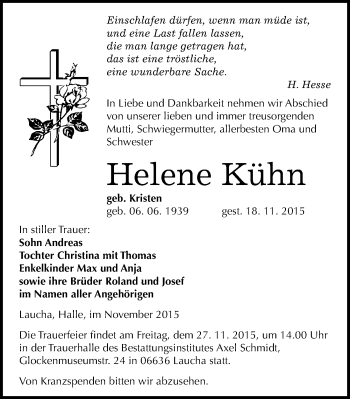 Traueranzeige von Helene Kühn von Mitteldeutsche Zeitung Naumburg/Nebra