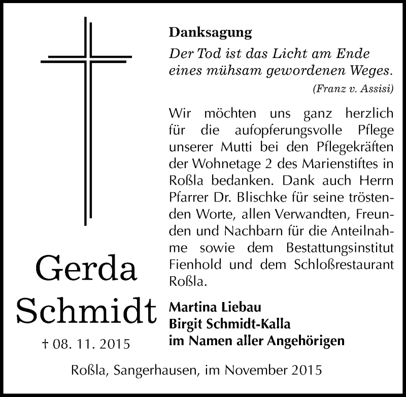  Traueranzeige für Gerda Schmidt vom 26.11.2015 aus Mitteldeutsche Zeitung Sangerhausen