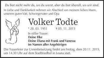 Traueranzeige von Volker Todte von WVG - Wochenspiegel Merseburg