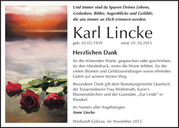 Traueranzeige von Karl Lincke von Mitteldeutsche Zeitung Köthen