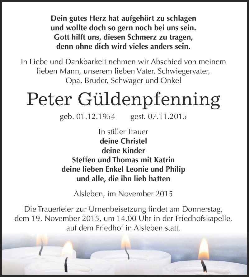  Traueranzeige für Peter Güldenpfenning vom 14.11.2015 aus Super Sonntag Bernburg