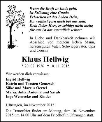 Traueranzeige von Klaus Hellwig von Mitteldeutsche Zeitung Sangerhausen