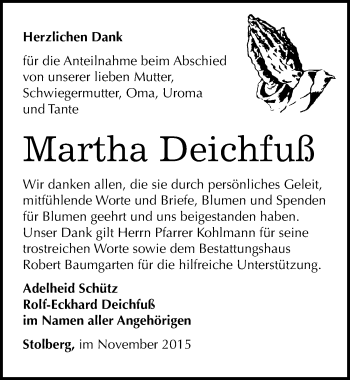 Traueranzeige von Martha Deichfuß von Mitteldeutsche Zeitung Sangerhausen