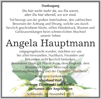 Traueranzeige von Angela Hauptmann von Mitteldeutsche Zeitung Sangerhausen