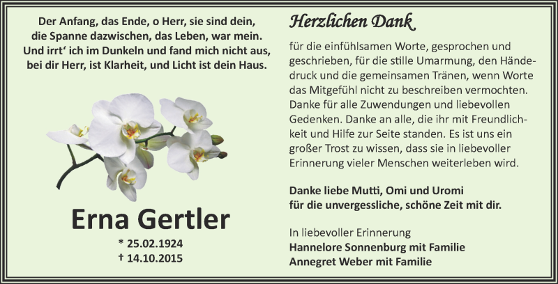  Traueranzeige für Erna Gertler vom 14.11.2015 aus Super Sonntag Zeitz