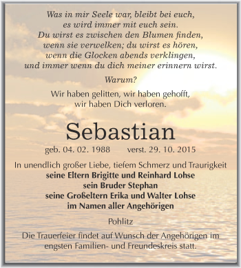 Traueranzeige von Sebastian  von WVG - Wochenspiegel NMB / WSF / ZTZ