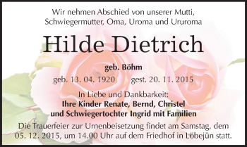 Traueranzeige von Hilde Dietrich von Mitteldeutsche Zeitung Halle/Saalkreis