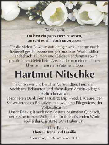 Traueranzeige von Hartmut Nitschke von WVG - Wochenspiegel Dessau / Köthen