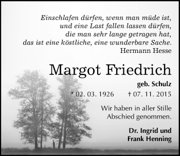 Traueranzeige von Margot Friedrich von Mitteldeutsche Zeitung Weißenfels