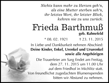 Traueranzeige von Frieda Barthmuß von Mitteldeutsche Zeitung Weißenfels