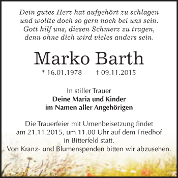 Traueranzeige von Marko Barth von WVG - Wochenspiegel Bitterfeld