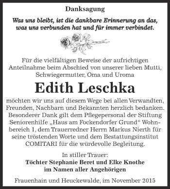 Traueranzeige von Edith Leschka von Super Sonntag Zeitz