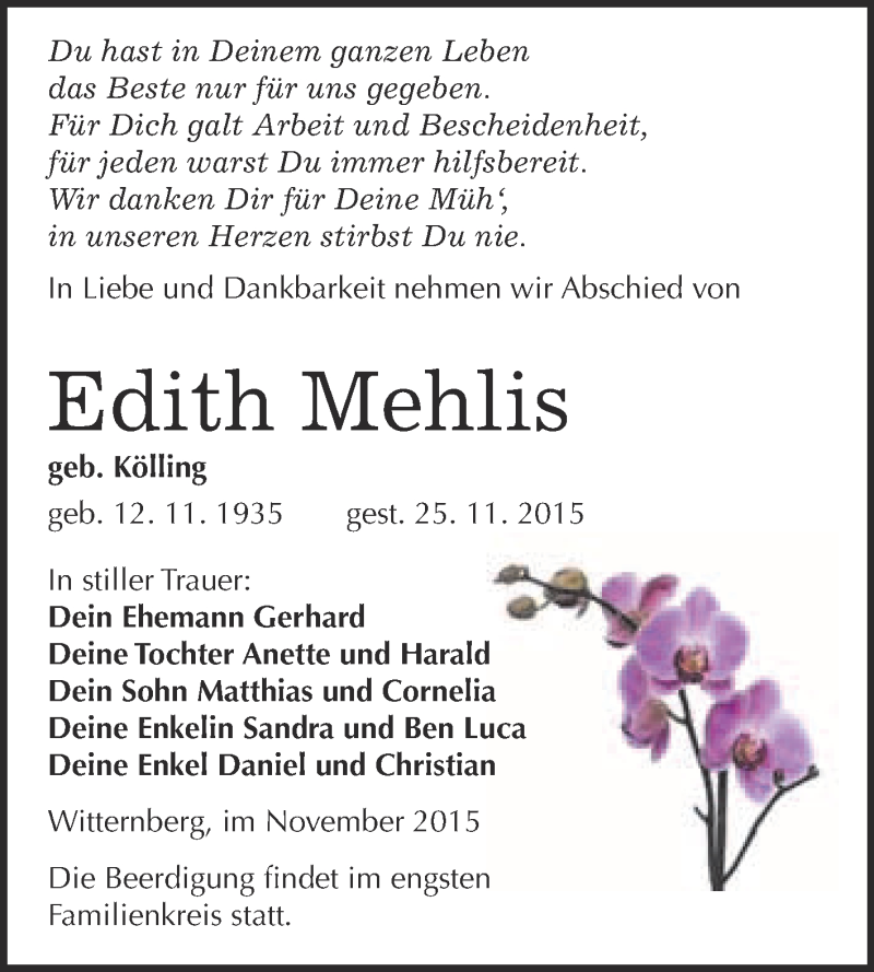  Traueranzeige für Edith Mehlfis vom 28.11.2015 aus WVG - Wochenspiegel Wittenberg