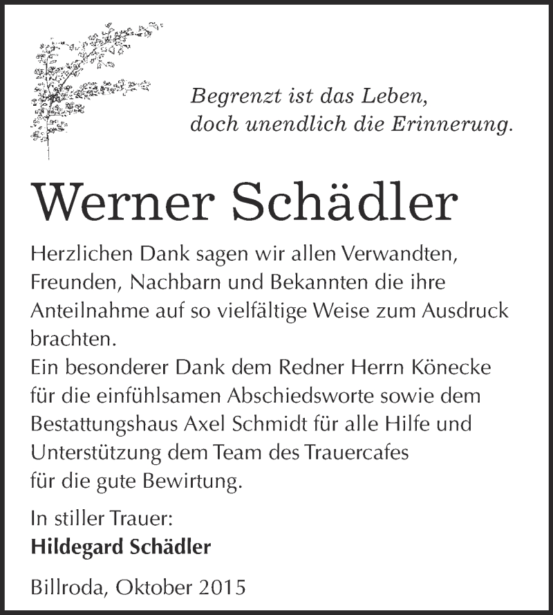  Traueranzeige für Werner Schädler vom 04.11.2015 aus WVG - Wochenspiegel NMB / WSF / ZTZ