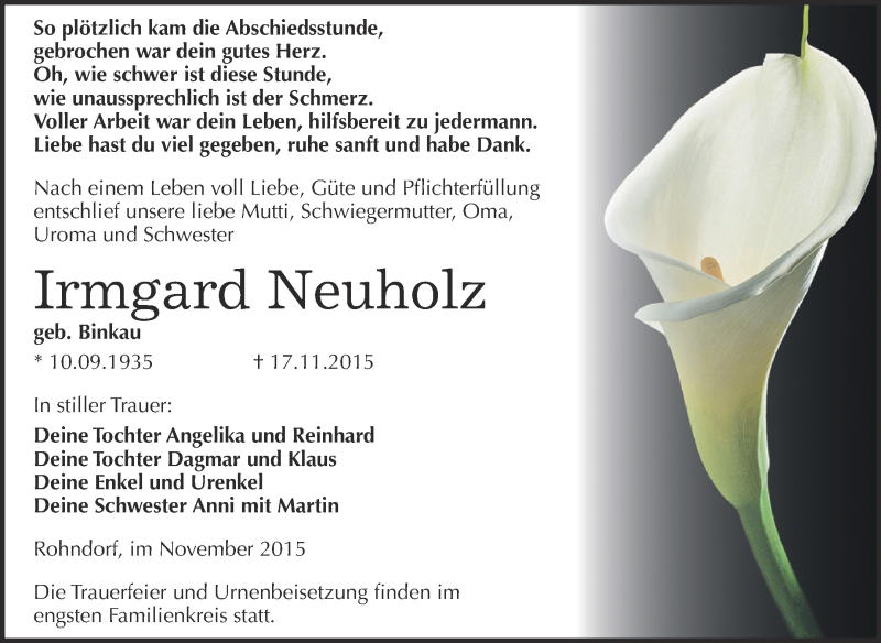  Traueranzeige für Irmgard Neuholz vom 21.11.2015 aus WVG - Wochenspiegel Dessau / Köthen