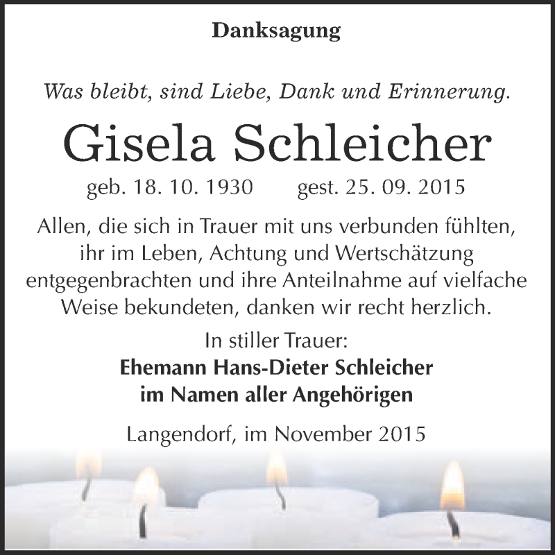  Traueranzeige für Gisela Schleicher vom 04.11.2015 aus WVG - Wochenspiegel NMB / WSF / ZTZ