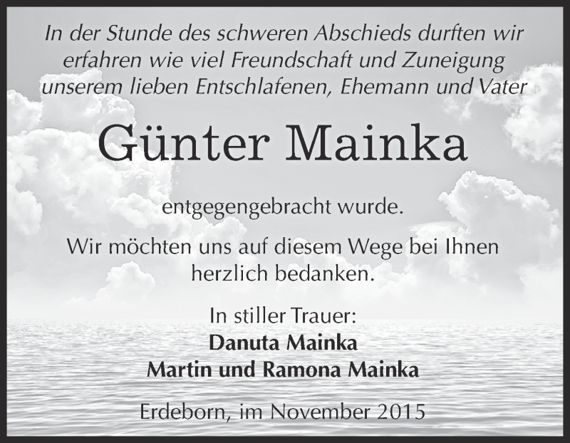  Traueranzeige für Günter Mainka vom 14.11.2015 aus Super Sonntag SGH Mansf. Land