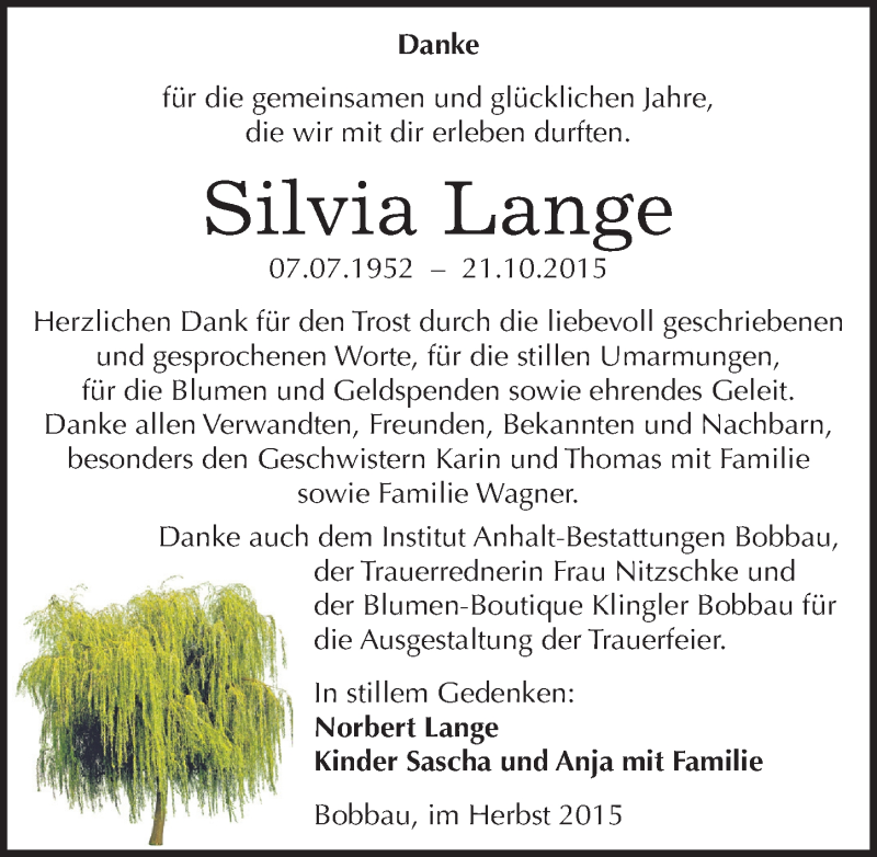  Traueranzeige für Silvia Lange vom 14.11.2015 aus Mitteldeutsche Zeitung Bitterfeld