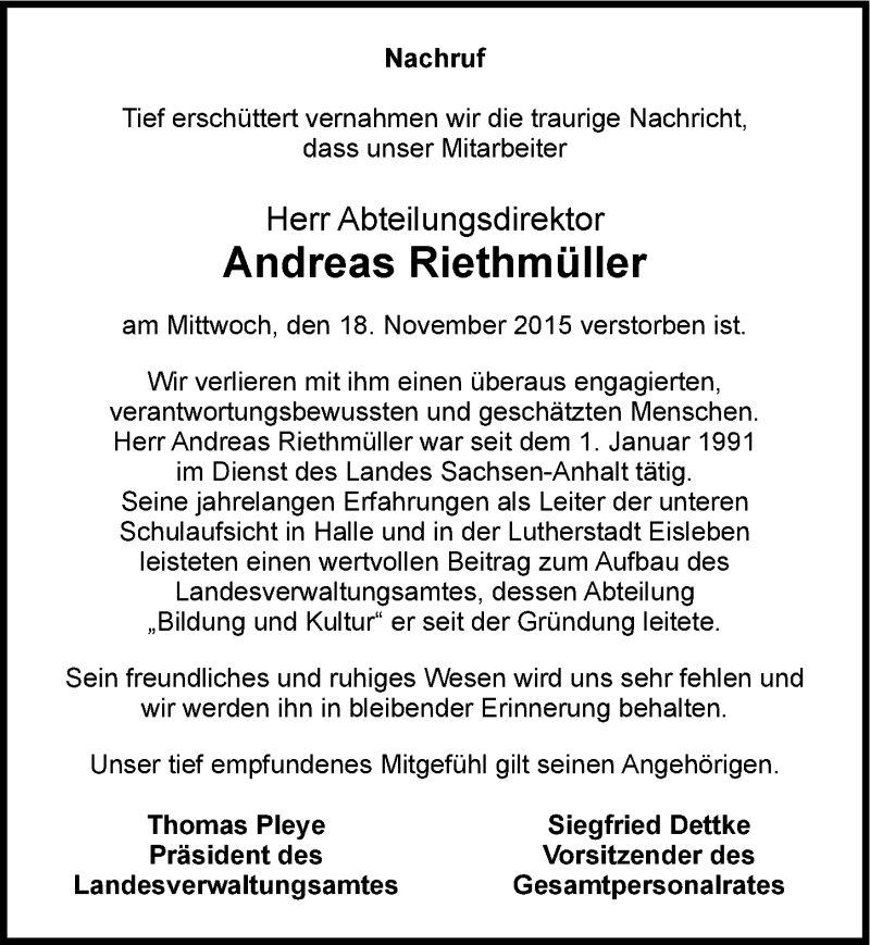  Traueranzeige für Andreas Riethmüller vom 28.11.2015 aus Mitteldeutsche Zeitung