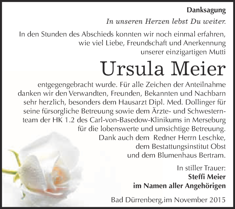  Traueranzeige für Ursula Meier vom 14.11.2015 aus Super Sonntag Merseburg