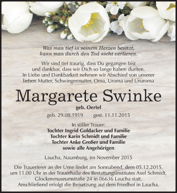 Traueranzeige von Maragarete Swinke von Mitteldeutsche Zeitung Naumburg/Nebra