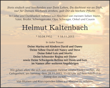 Traueranzeige von Helmut Kaltenbach von WVG - Wochenspiegel Bitterfeld