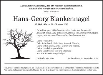 Traueranzeige von Hans-Georg Blankennagel von WVG - Wochenspiegel Quedlinburg