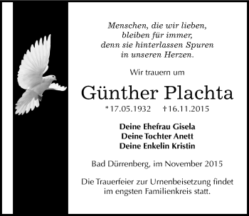 Traueranzeige von Günther Plachta von Mitteldeutsche Zeitung Merseburg/Querfurt