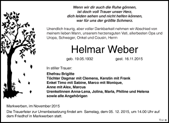 Traueranzeige von Helmar Weber von WVG - Wochenspiegel NMB / WSF / ZTZ