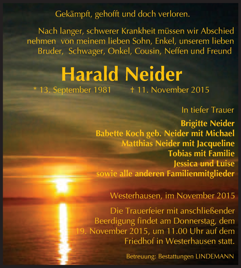  Traueranzeige für Harald Neider vom 18.11.2015 aus Super Sonntag Quedlinburg