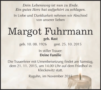 Traueranzeige von Margot Fuhrmann von WVG - Wochenspiegel Bitterfeld