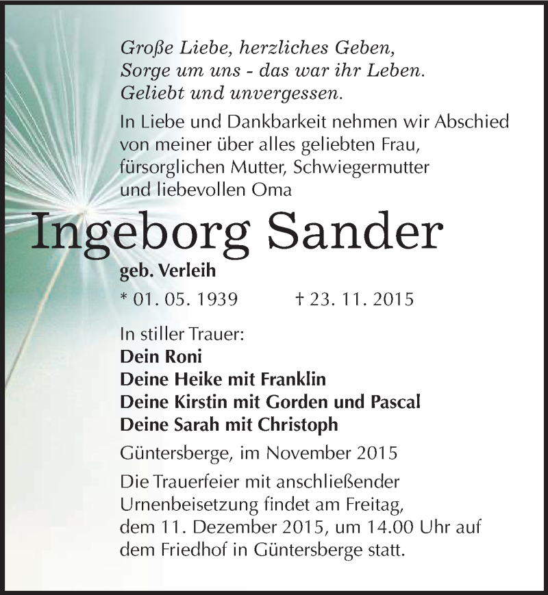  Traueranzeige für Ingeborg Sander vom 28.11.2015 aus Mitteldeutsche Zeitung Quedlinburg