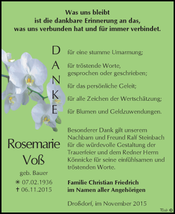 Traueranzeige von Rosemarie Voß von Super Sonntag Zeitz