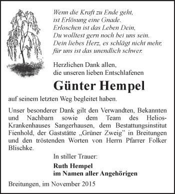 Traueranzeige von Günter Hempel von Super Sonntag SGH Mansf. Land