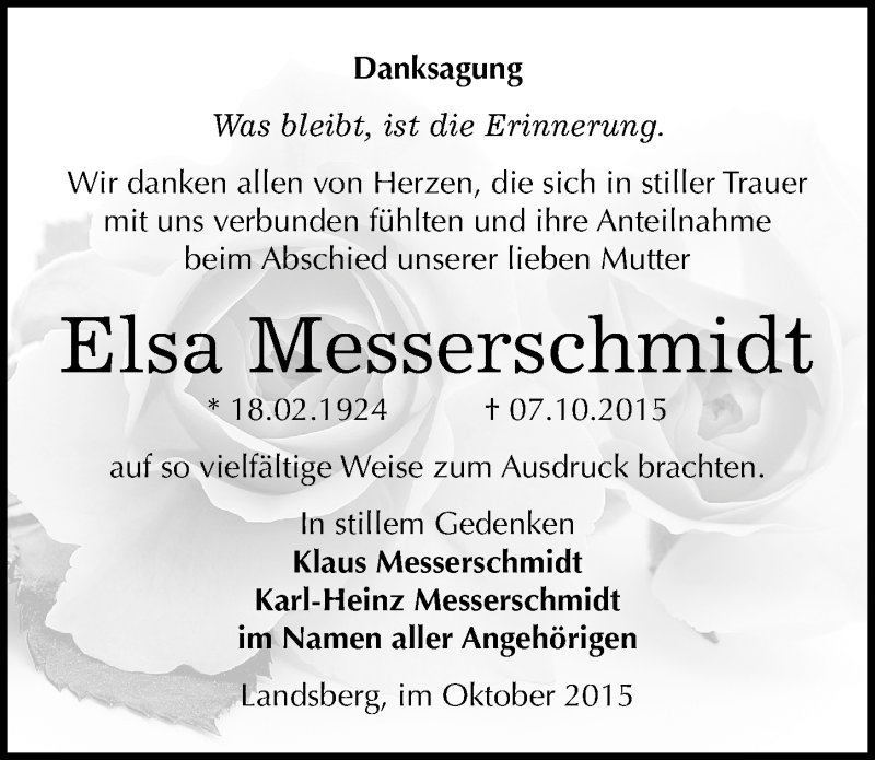  Traueranzeige für Elsa Messerschmidt vom 03.11.2015 aus Mitteldeutsche Zeitung Halle/Saalkreis