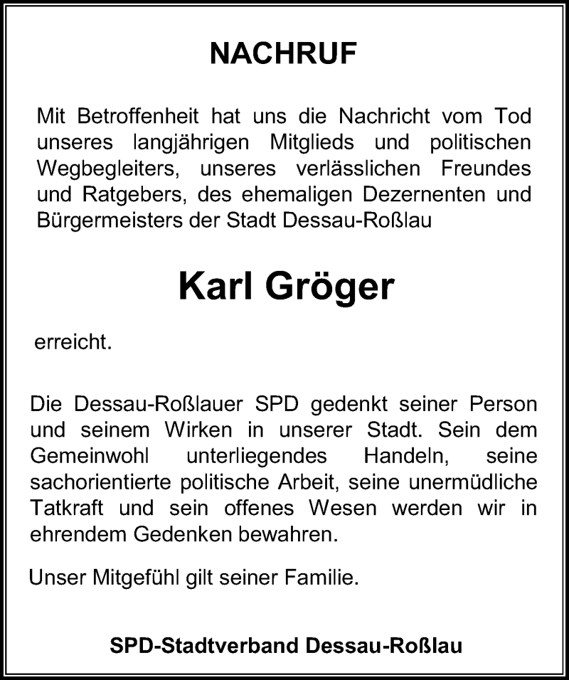  Traueranzeige für Karl Gröger vom 05.11.2015 aus Mitteldeutsche Zeitung Dessau-Roßlau