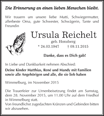 Traueranzeige von Ursula Reichelt von Wochenspiegel Mansfelder Land