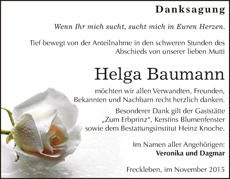 Traueranzeige für Helga Baumann vom 14.11.2015 aus Super Sonntag Aschersleben