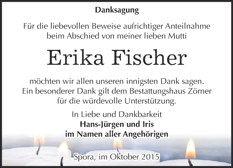  Traueranzeige für Erika Fischer vom 07.11.2015 aus Super Sonntag Zeitz