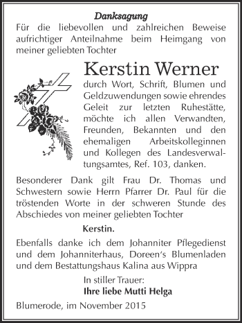 Traueranzeige von Kerstin Werner von Wochenspiegel Mansfelder Land