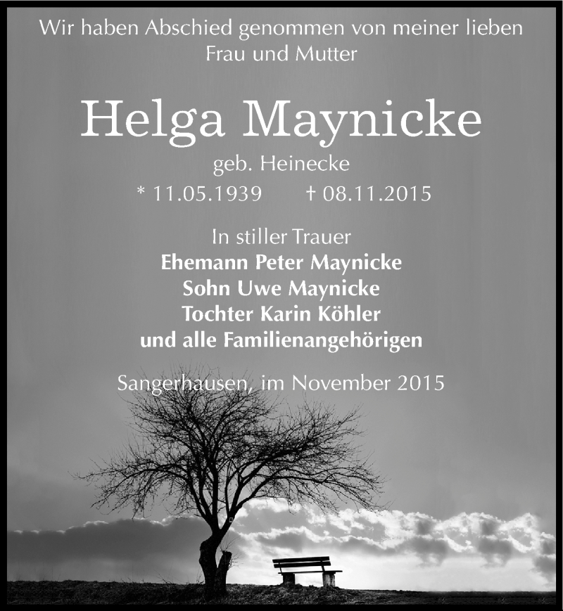  Traueranzeige für Helga Maynicke vom 24.11.2015 aus Mitteldeutsche Zeitung Sangerhausen